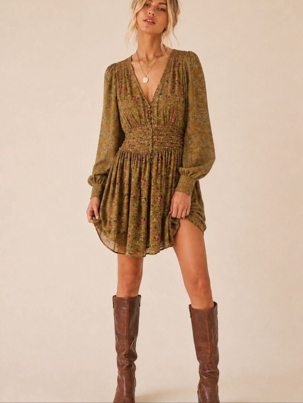 House Of Harlow 1960 Gold Floral Long Sleeve Mini Dress Small NWOT - Picture 2 of 8